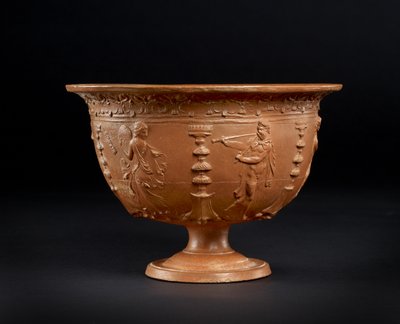Red-slipped bowl: musicians and dancers entertain while servants bring food to a banquet by Roman